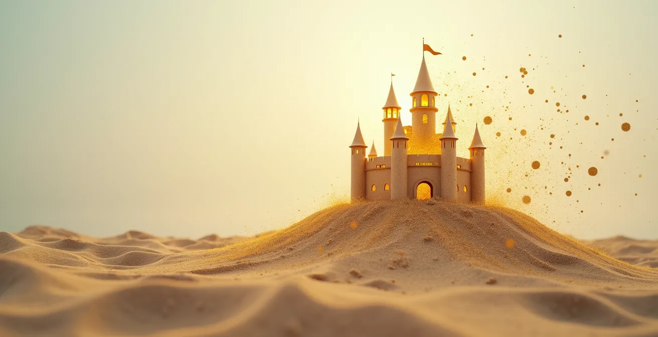 Château de sable digital s'effritant avec des icônes abstraites de réseaux sociaux qui s'envolent