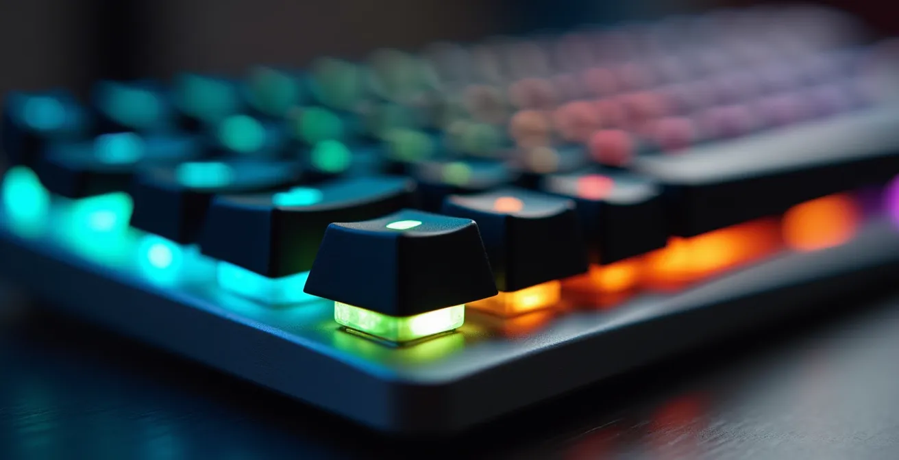 Macro photographique d'un clavier avec touches colorées représentant différents types de correspondance de mots-clés