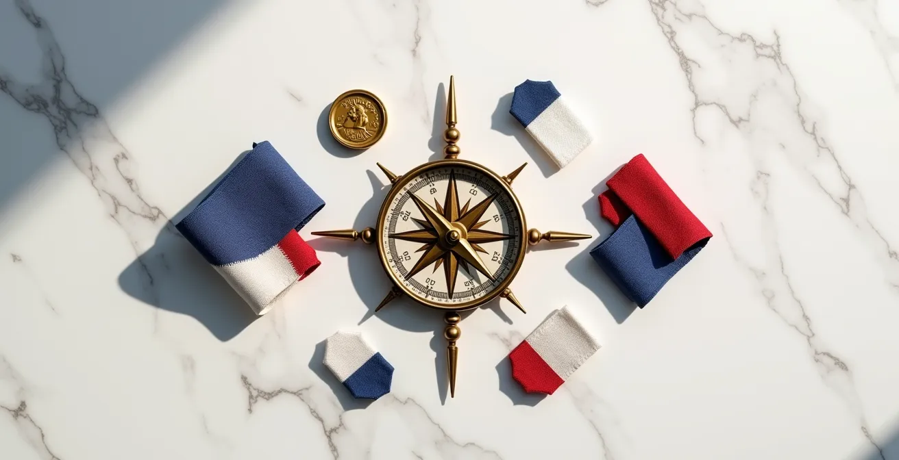 Composition symétrique montrant des labels de certification français et éléments de confiance disposés stratégiquement