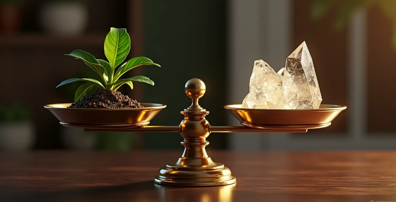 Balance équilibrée avec des éléments organiques représentant le SEO d'un côté et des structures numériques lumineuses pour le SEA de l'autre.