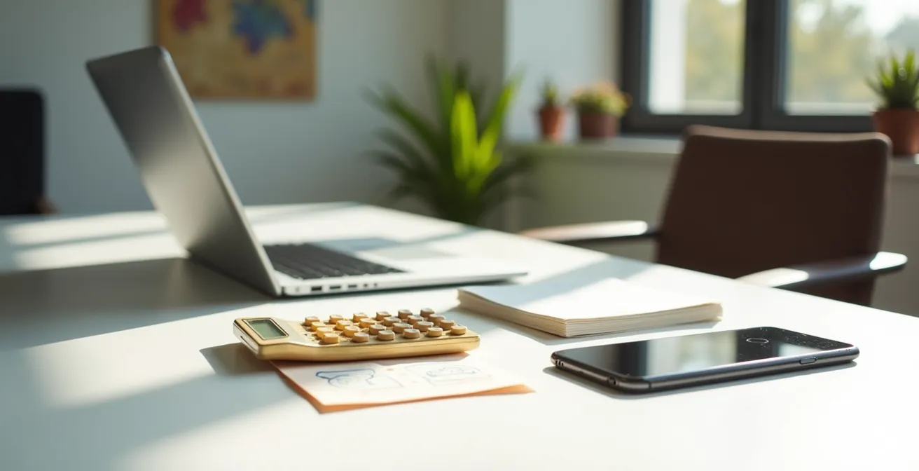 Bureau minimaliste avec ordinateur portable affichant des wireframes de landing page et calculatrice vintage