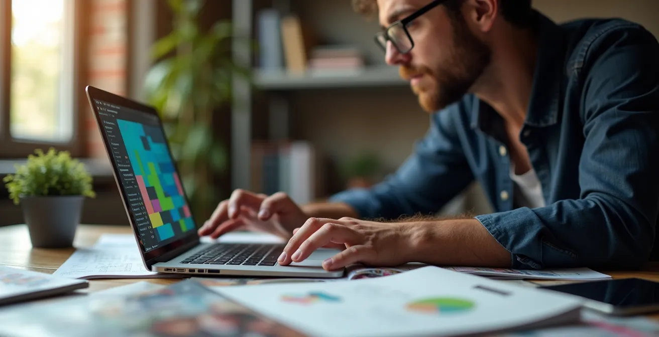 Espace de travail moderne montrant l'optimisation SEO on-page avec ordinateur portable et documents stratégiques