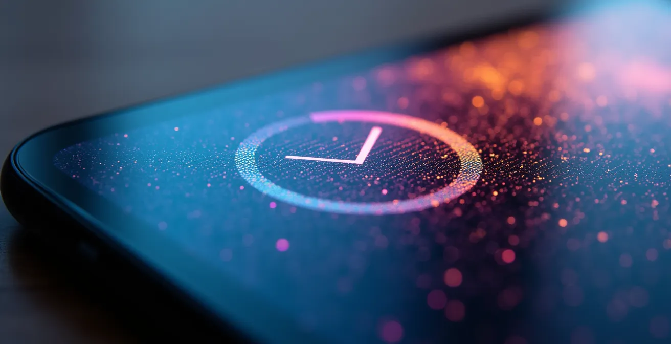 Gros plan sur un écran de smartphone montrant une barre de chargement stylisée dans un environnement de bureau français