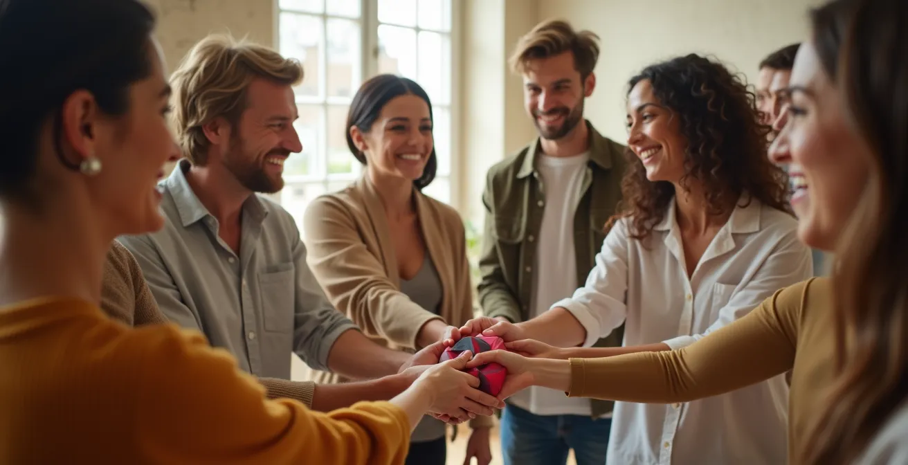 Groupe de personnes en cercle se passant des objets de main en main dans un espace lumineux