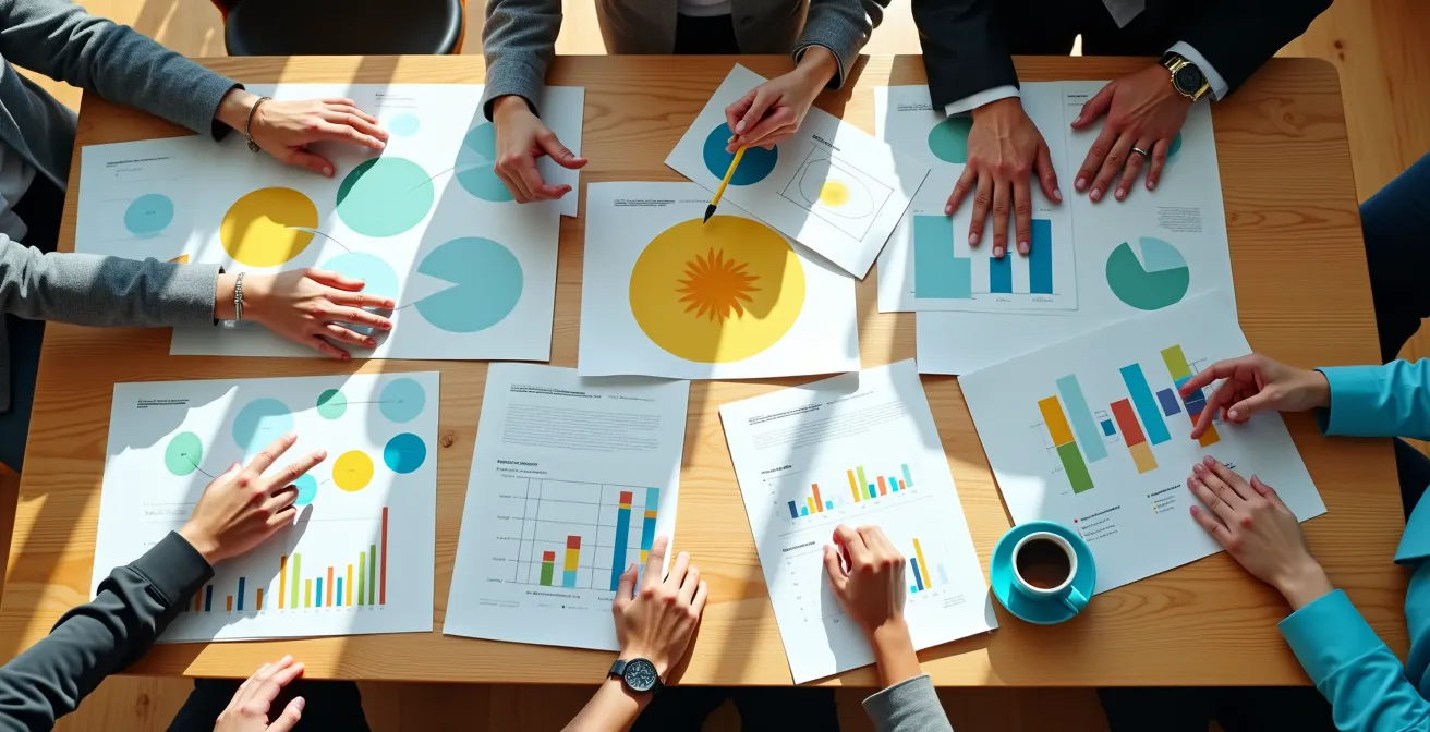 Vue aérienne d'un bureau français avec cartes mentales et analyses comparatives sur table en bois