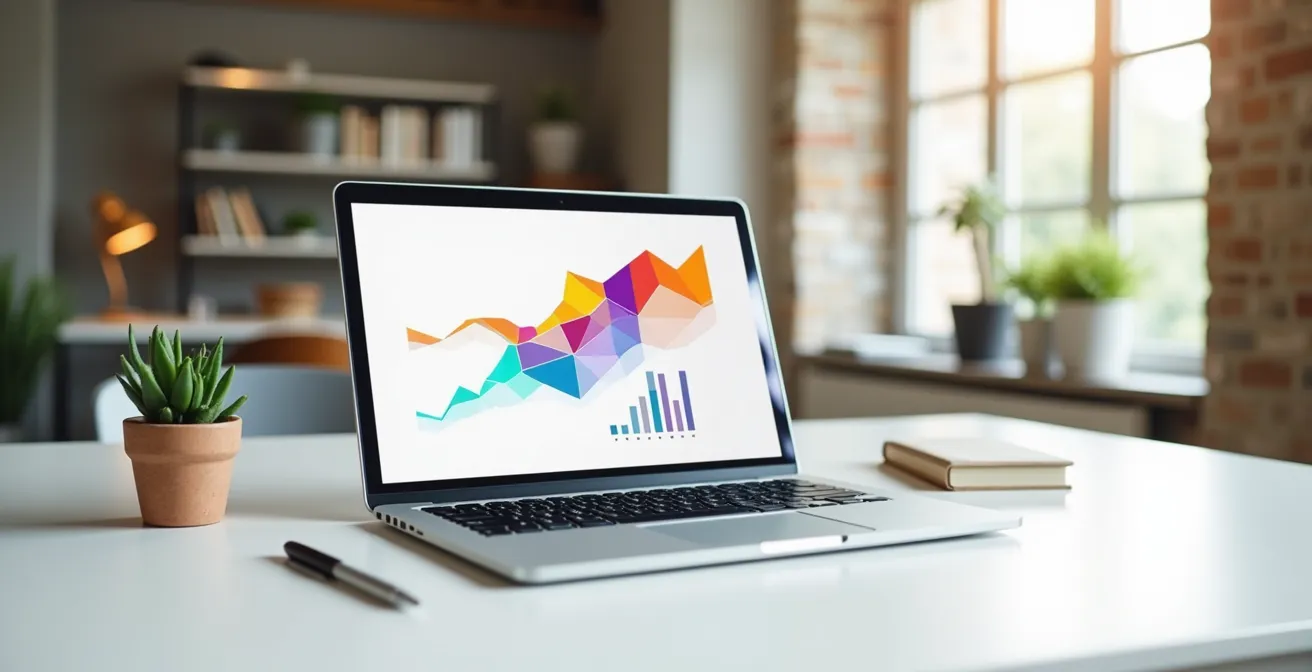 Bureau minimaliste avec ordinateur portable montrant des graphiques colorés abstraits, vue en plongée avec espace négatif important