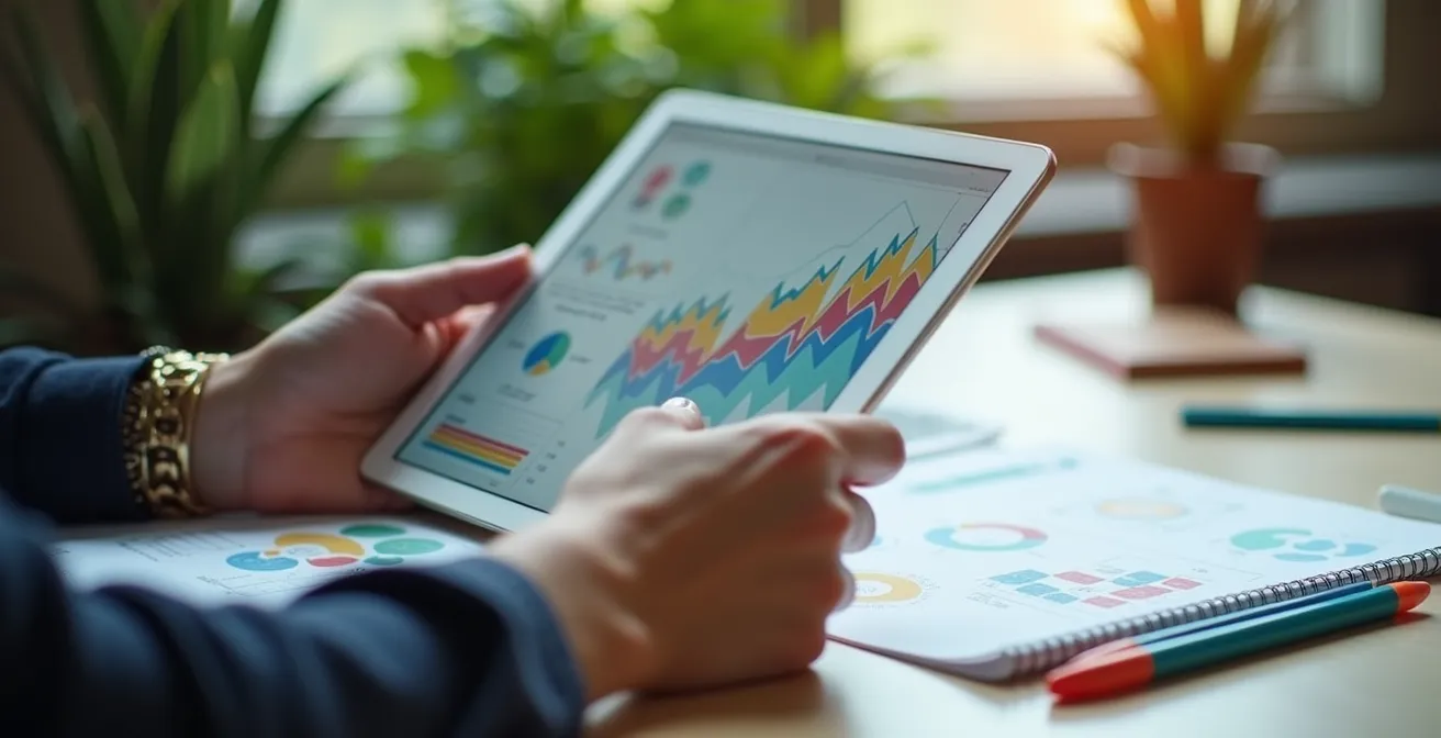 Bureau avec graphiques d'analyse SEO et méthodologie de diagnostic structurée