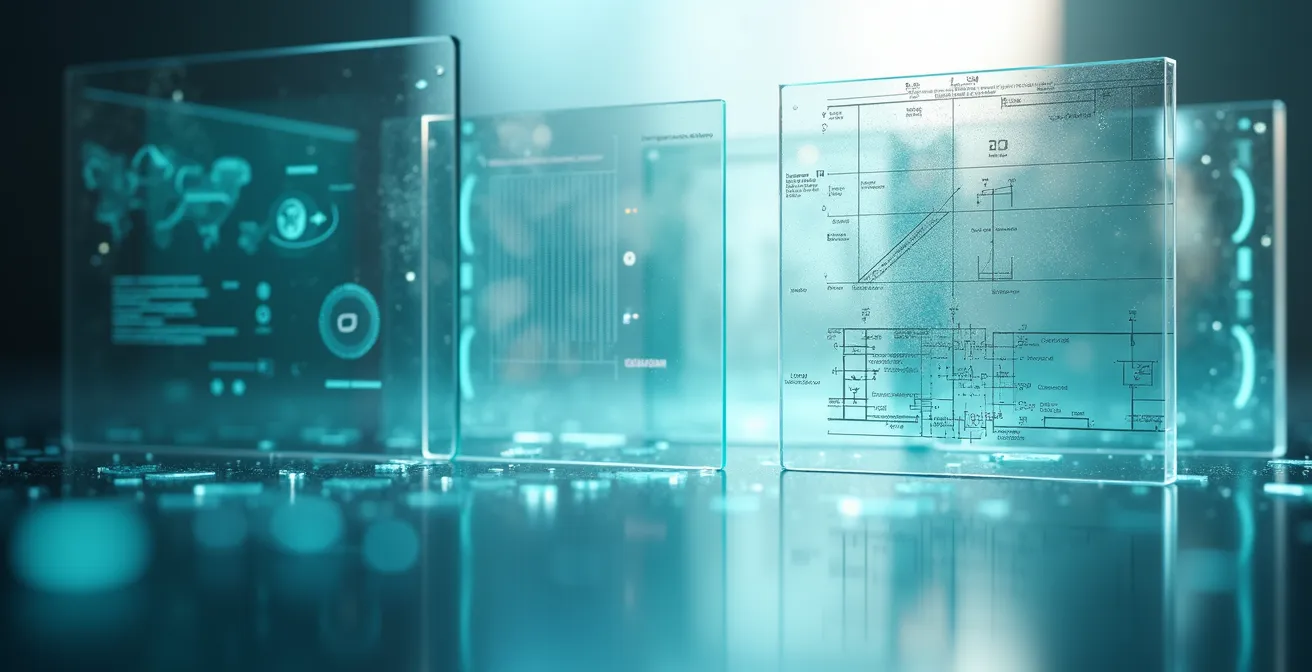 Composition symbolique montrant des couches transparentes superposées représentant les niveaux d'analyse technique