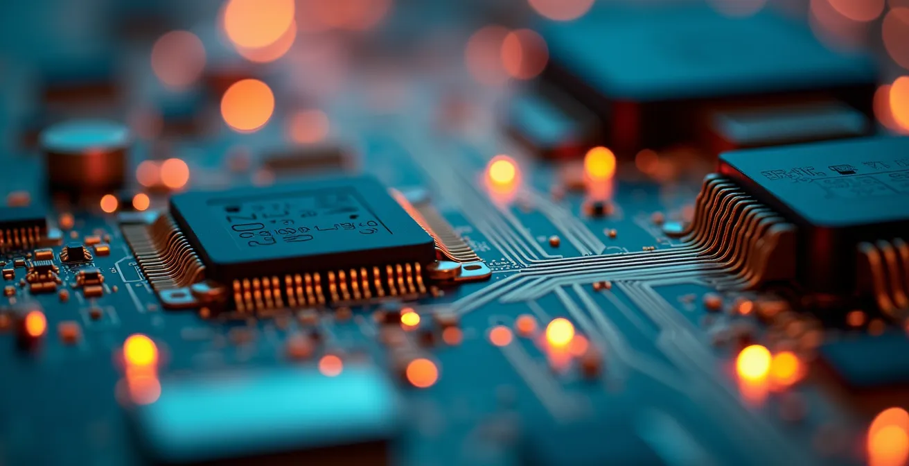 Vue macro de circuits électroniques représentant le flux de données serveur