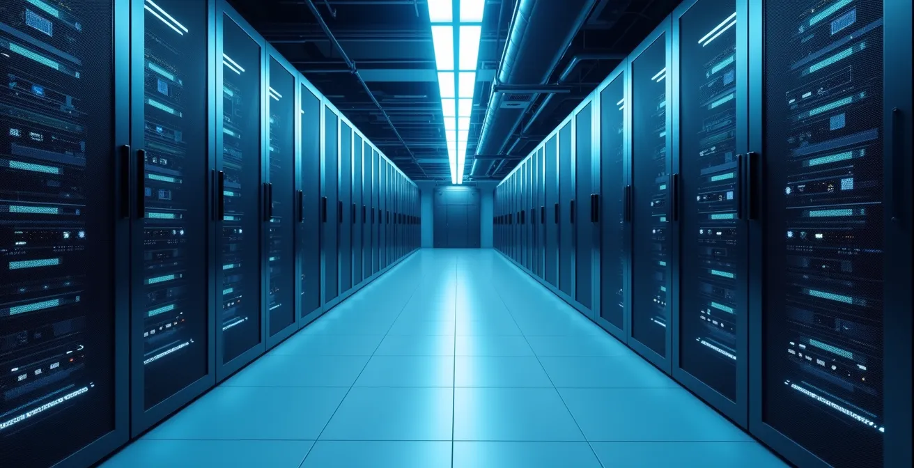 Vue conceptuelle d'une infrastructure cloud européenne sécurisée avec serveurs et connexions réseau