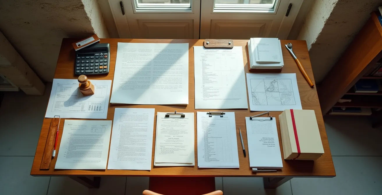 Bureau d'artisan avec documents administratifs organisés et tampon professionnel