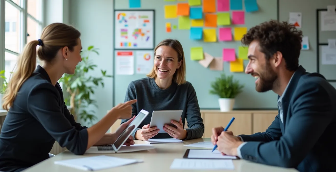 Équipe en atelier de cadrage collaboratif pour définir un cahier des charges