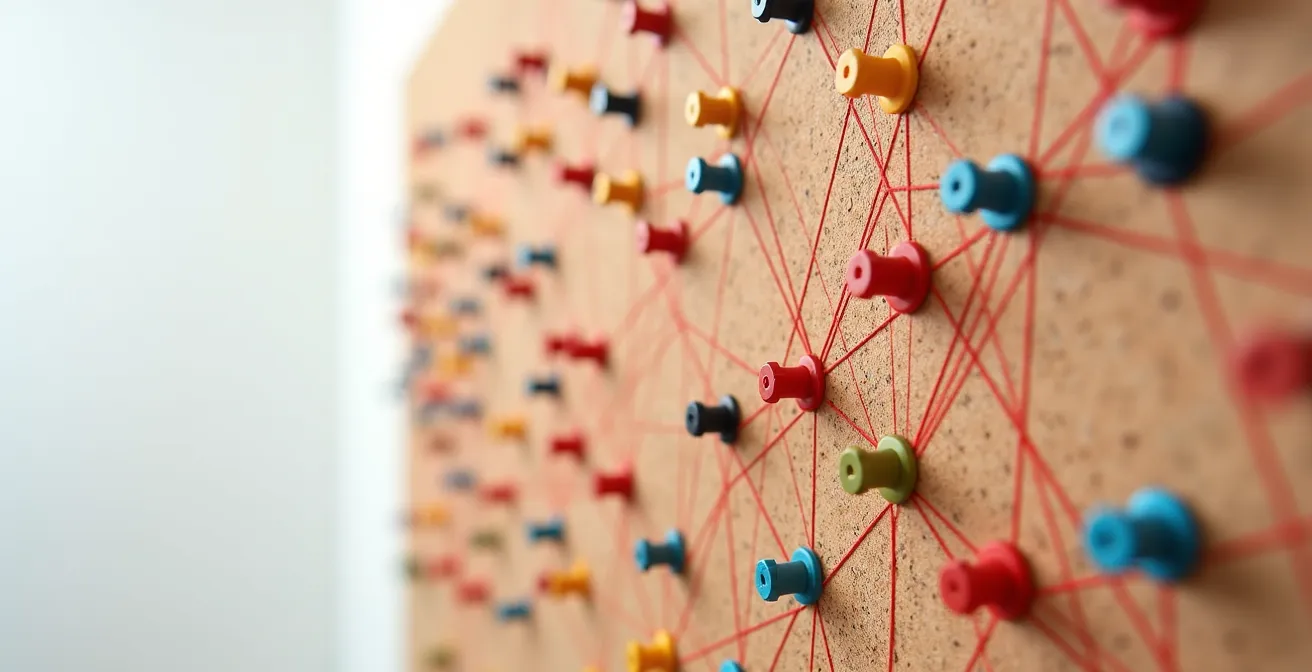 Vue macro d'une surface en liège avec épingles colorées reliées par des fils formant un réseau complexe