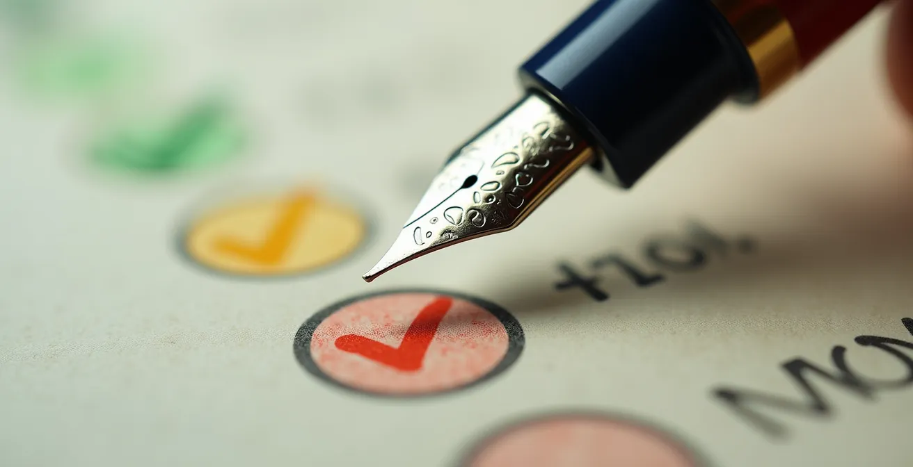 Gros plan macro sur une checklist d'audit de confiance avec stylo professionnel