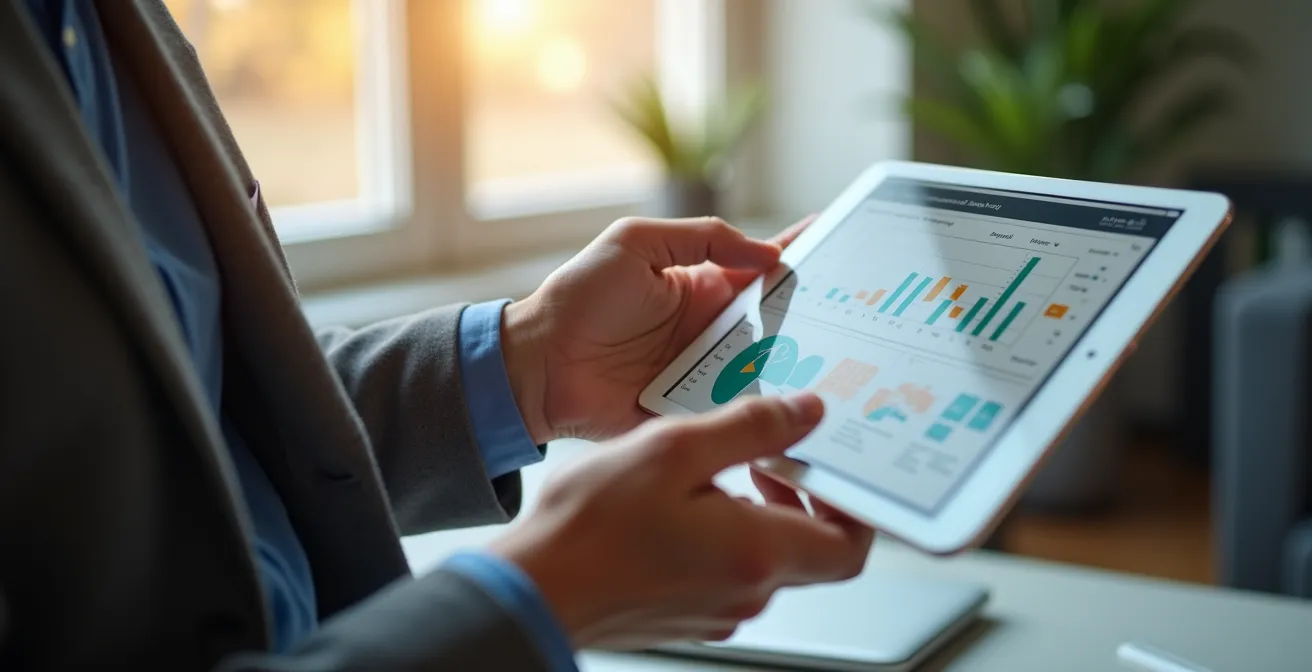 Photographe capturant un écran d'analyse de parcours client avec des graphiques colorés en arrière-plan flou