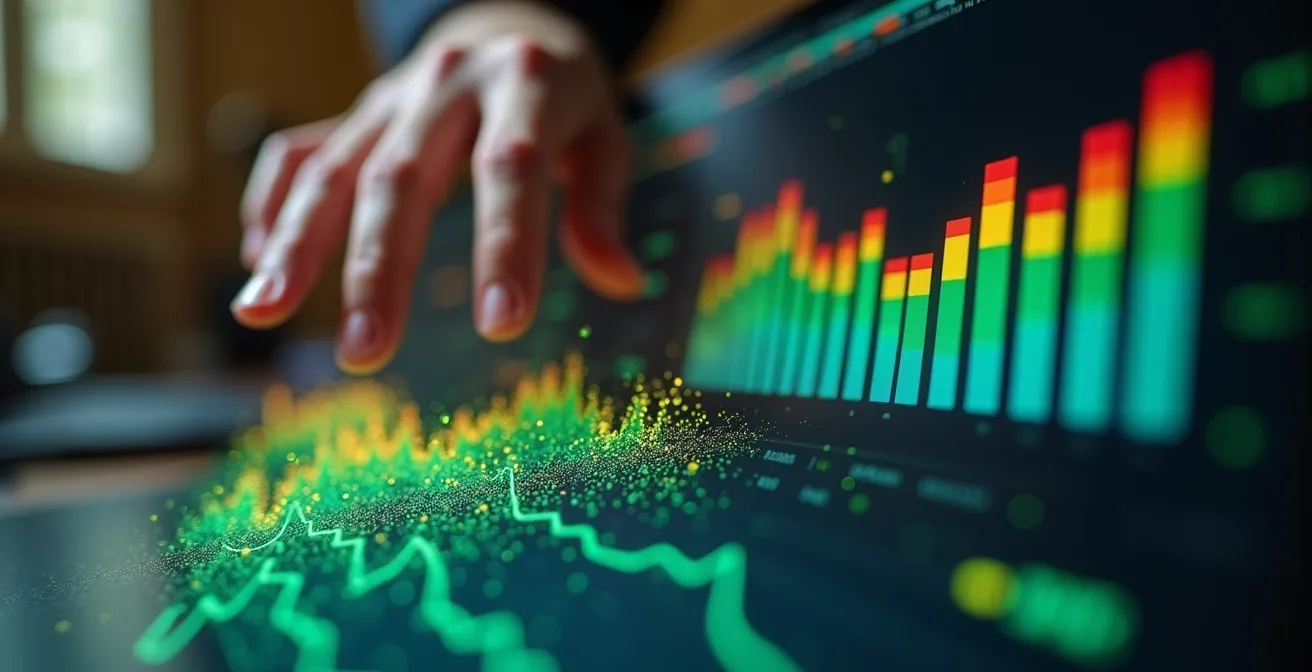 Vue macro d'un écran d'ordinateur montrant des graphiques de performance colorés avec une main analysant les données