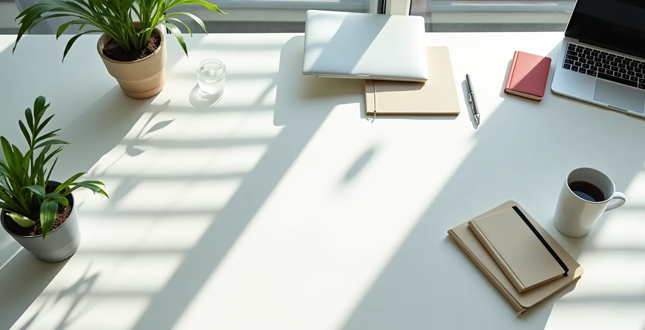 Vue aérienne minimaliste d'un espace de travail suggérant l'analyse de données sans montrer d'écrans lisibles