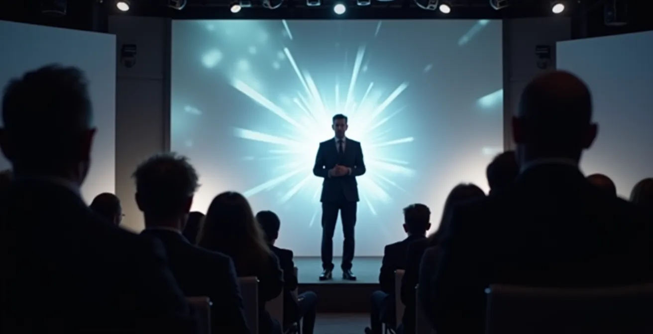 Expert français donnant une conférence professionnelle devant un public attentif