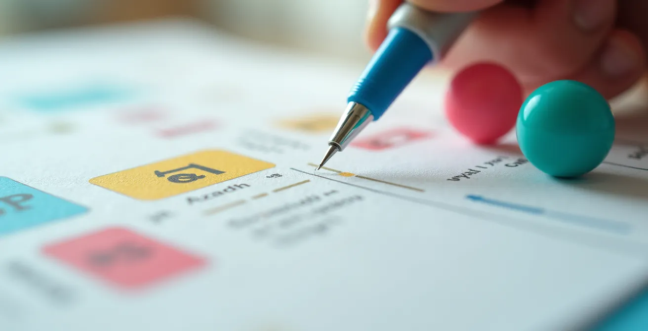 Vue macro d'un calendrier papier avec des marqueurs colorés indiquant les phases d'évolution SEO