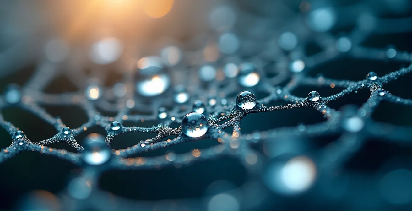 Vue macro d'une structure cristalline de gouttes d'eau interconnectées formant un réseau naturel