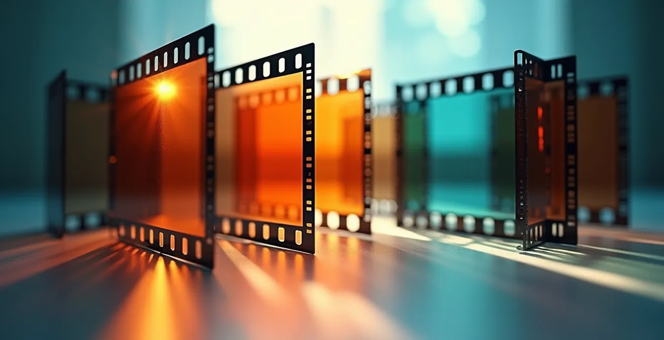 Vue symbolique d'une timeline vidéo avec chapitres représentés par des formes géométriques colorées