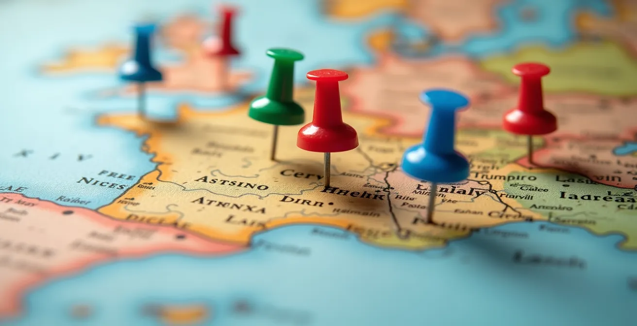 Vue macro d'une carte de France avec épingles colorées représentant la cohérence des données d'adresse