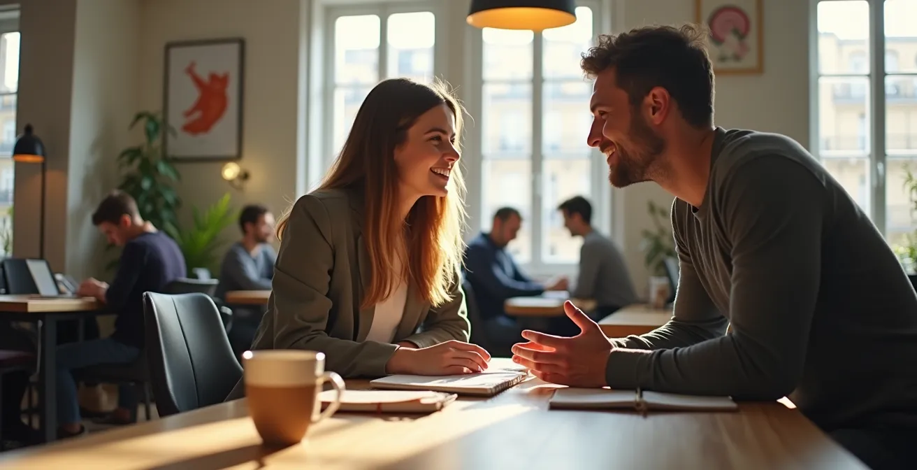 Deux professionnels collaborant sur un article dans un espace de coworking parisien