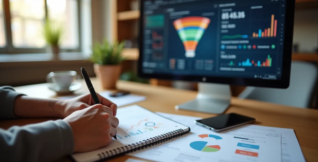 Bureau moderne avec ordinateur affichant des graphiques de conversion et un carnet de notes