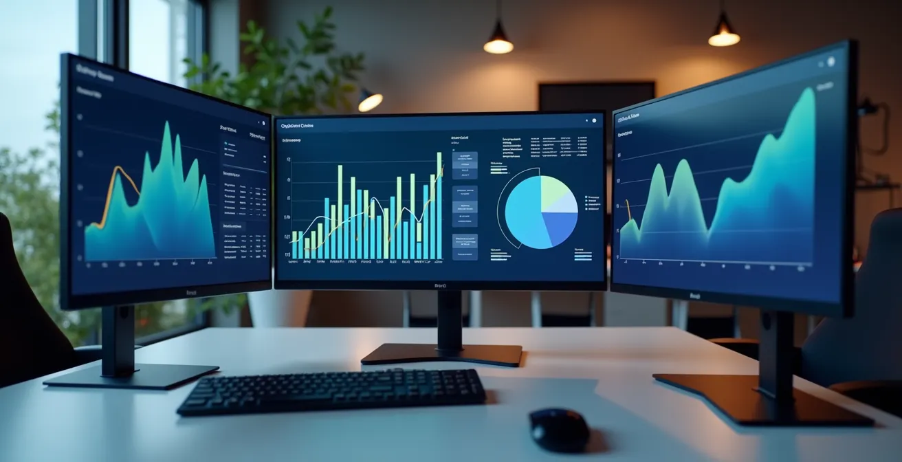 Vue d'ensemble d'un tableau de bord analytique moderne avec graphiques de performance colorés