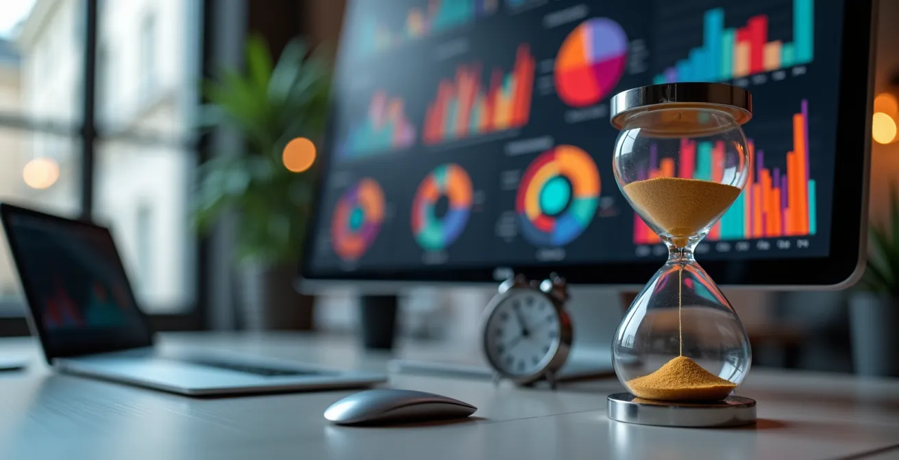 Bureau moderne avec écran montrant des graphiques colorés et visualisations de données