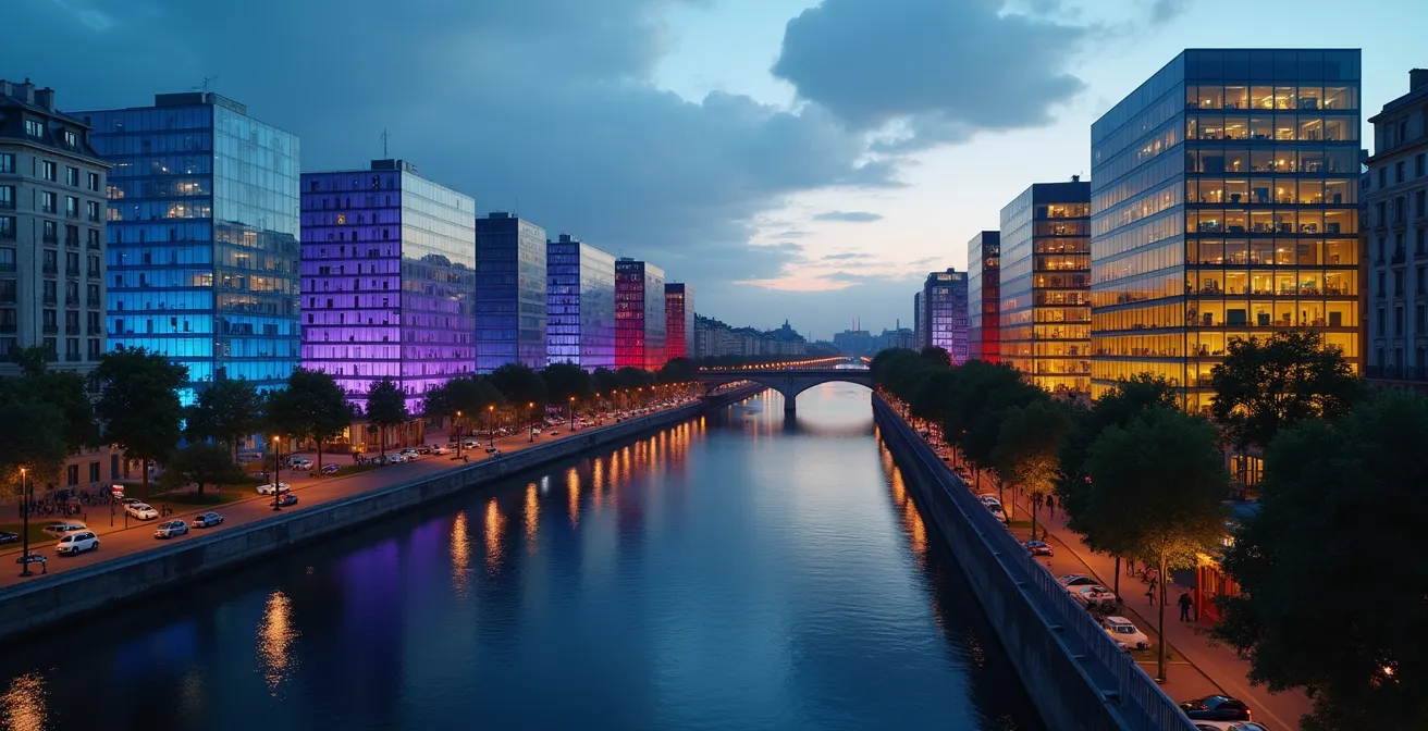 Paysage urbain français avec des reflets colorés symbolisant l'écosystème des réseaux sociaux en France