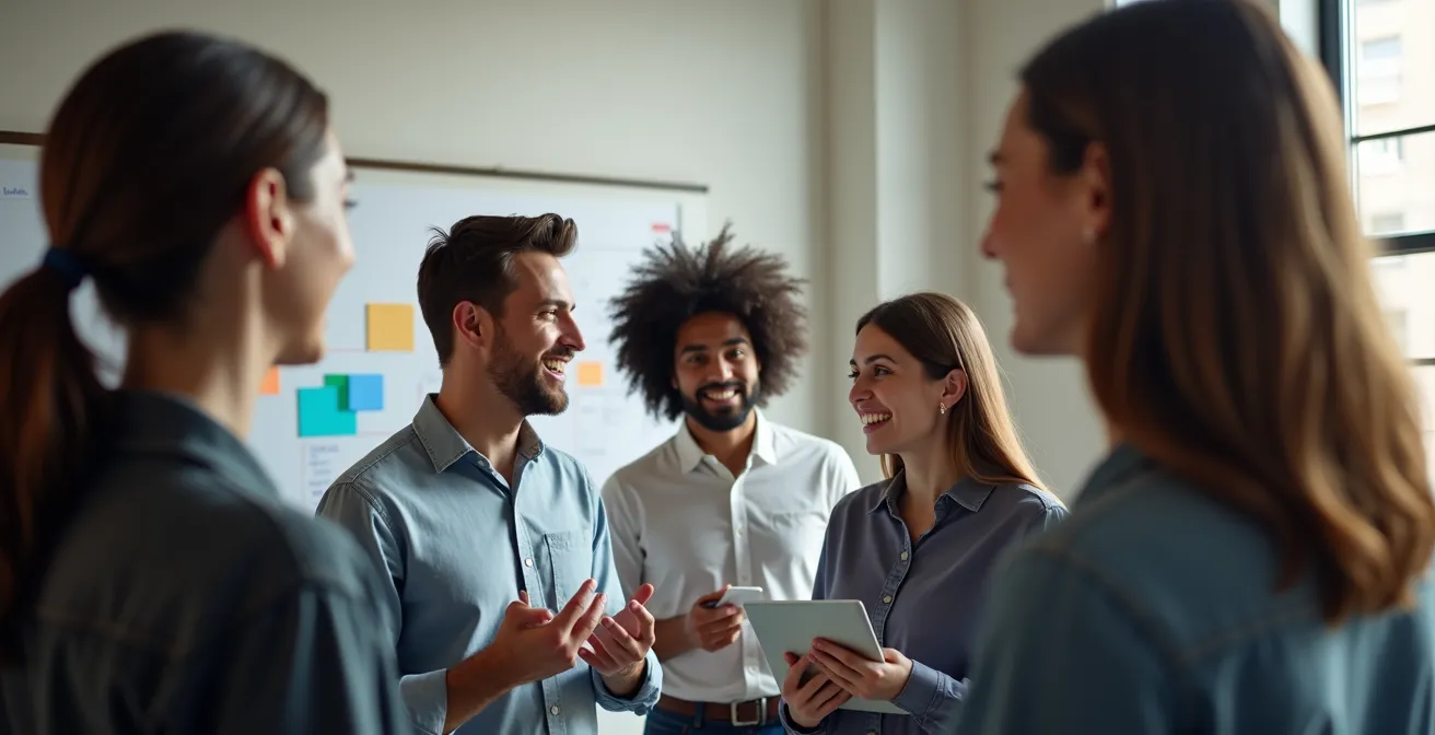 Équipe debout en cercle lors d'une réunion sprint avec tableau blanc flou en arrière-plan
