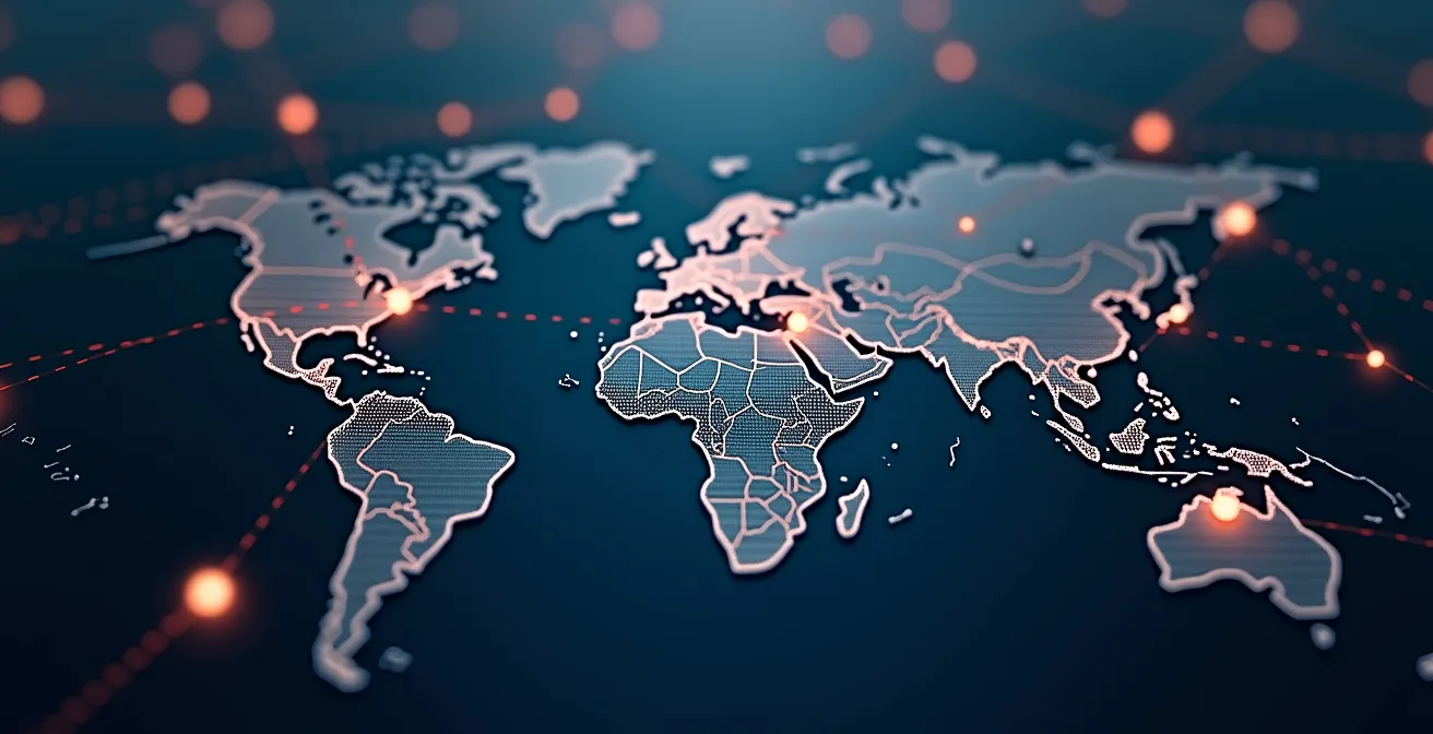 Vue aérienne d'une carte avec des connexions lumineuses entre plusieurs villes françaises