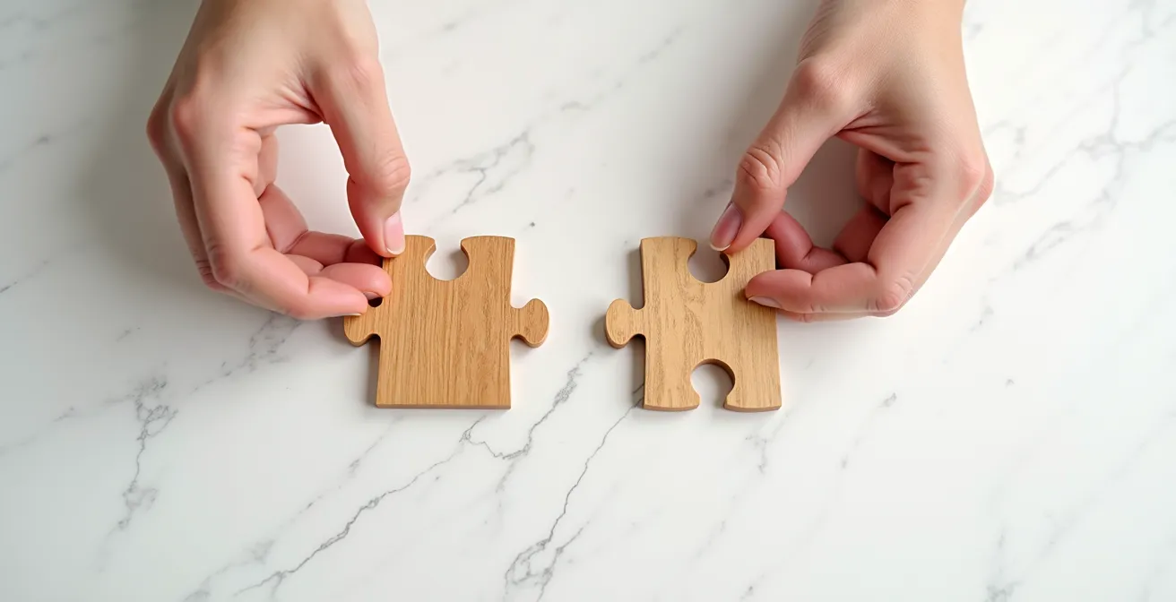 Mains assemblant des pièces de puzzle en bois formant une image cohérente sur une table