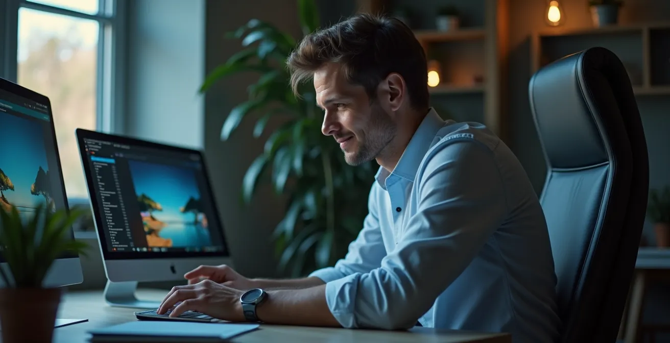 Bureau moderne avec plusieurs écrans montrant différents canaux digitaux convergeant vers un point central