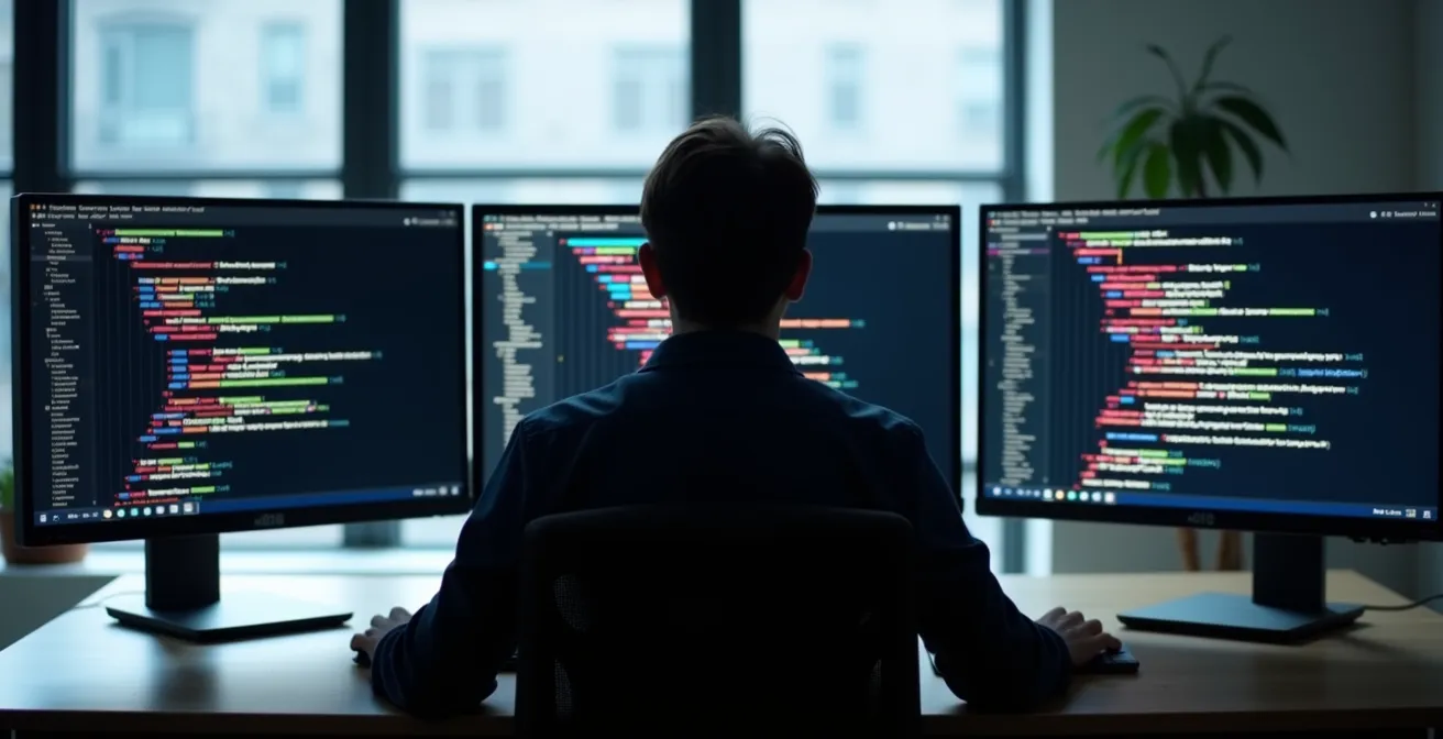 Vue arrière d'un développeur travaillant sur plusieurs écrans montrant des structures de code colorées