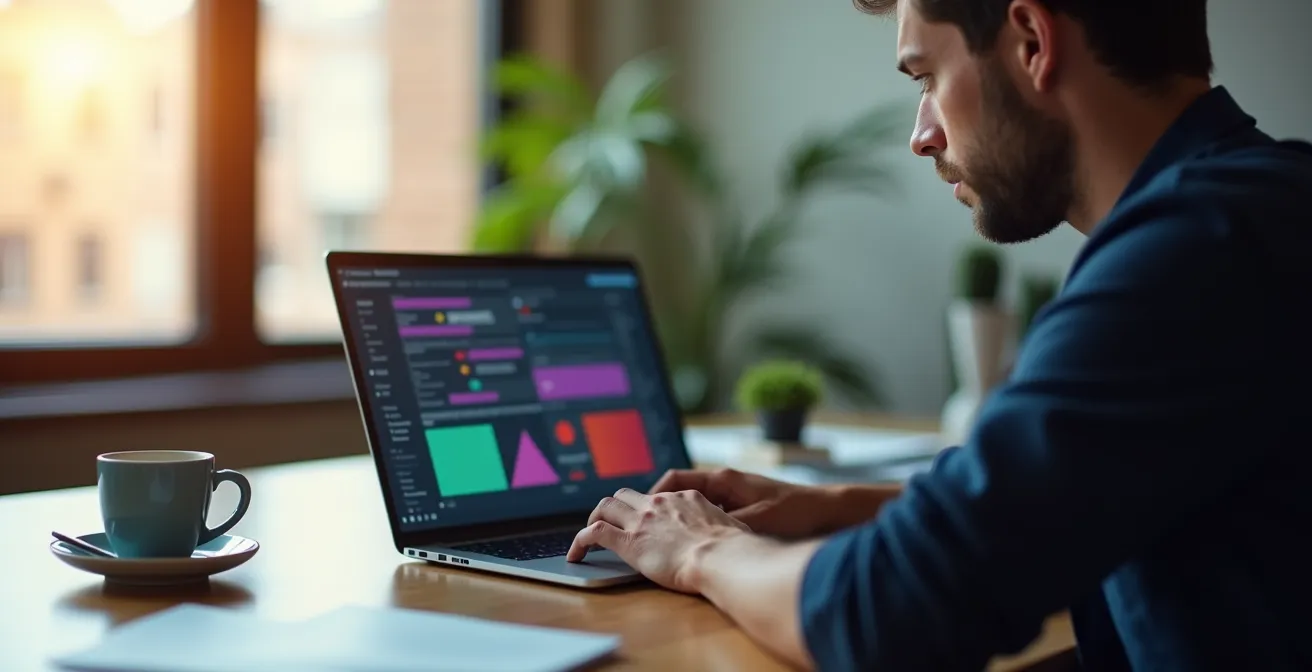 Journaliste dans un bureau moderne recherchant un expert sur son ordinateur portable, symbolisant la recherche de sources sur LinkedIn