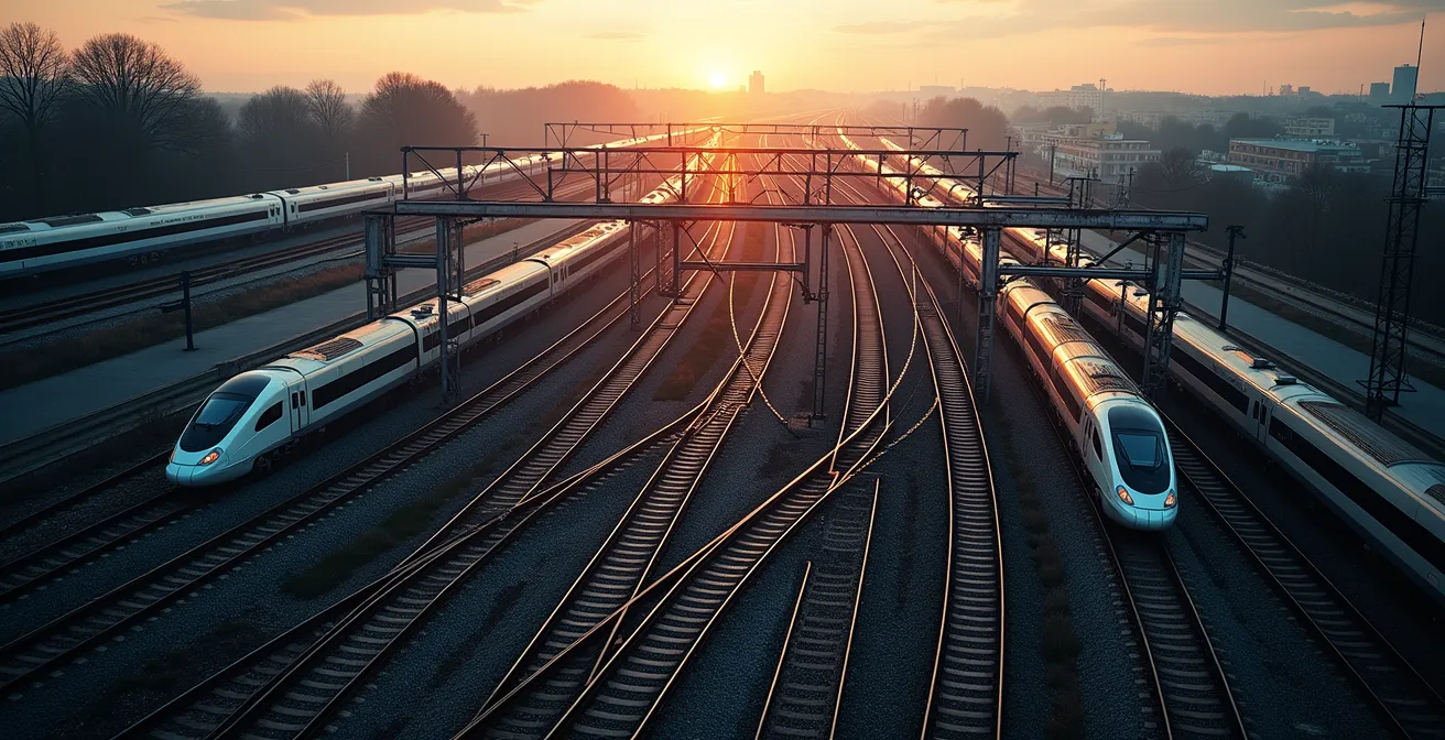 Vue panoramique d'un nœud ferroviaire TGV français illustrant le concept de maillage interne