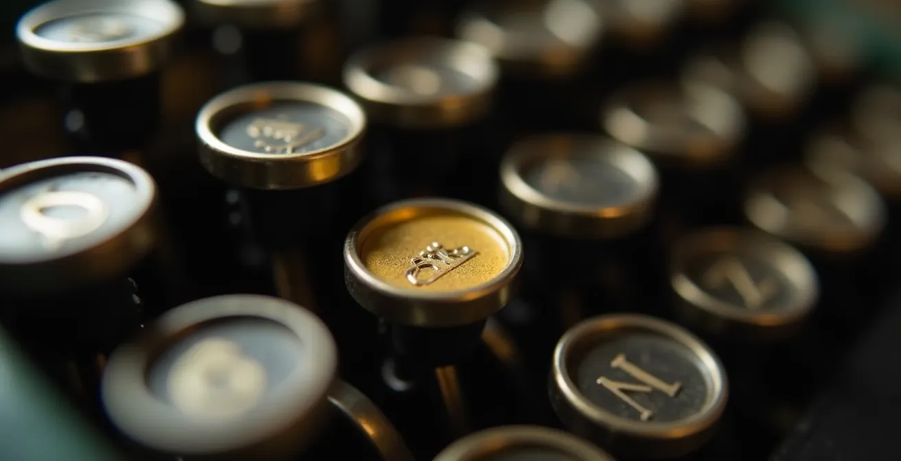 Composition macro de touches de clavier vintage avec focus sur une touche dorée symbolisant l'optimisation SEO