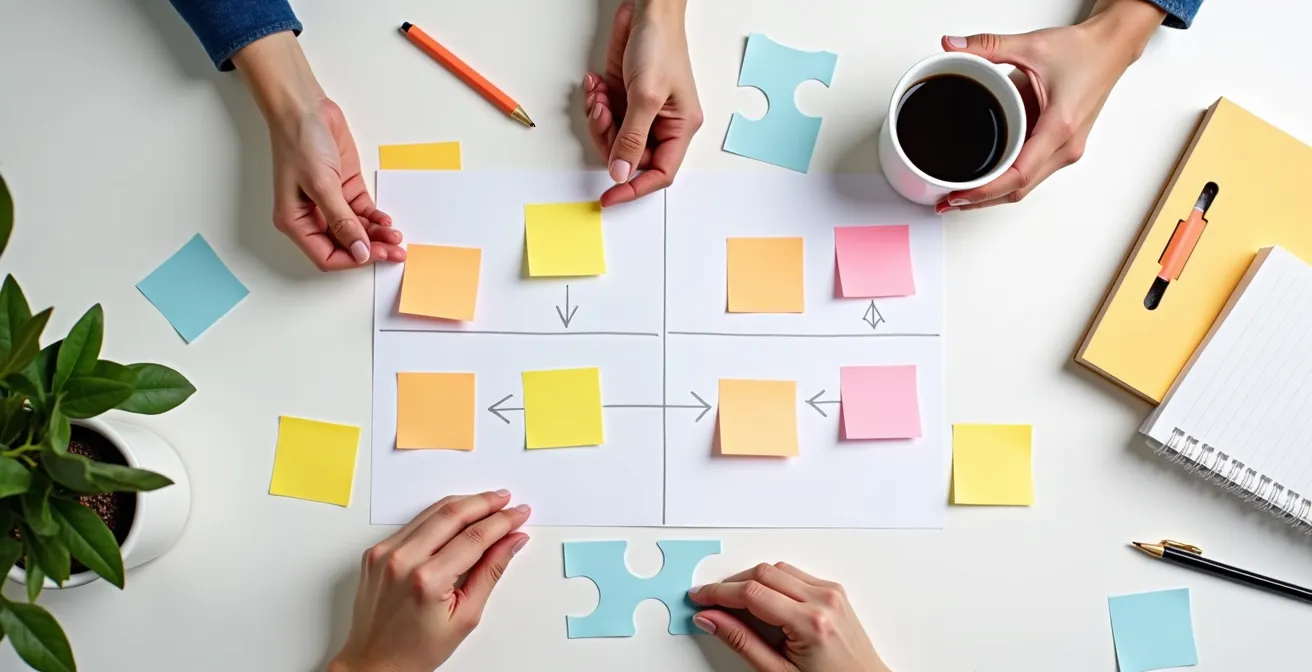 Vue aérienne d'un bureau organisé avec calendrier éditorial et zones de travail thématiques