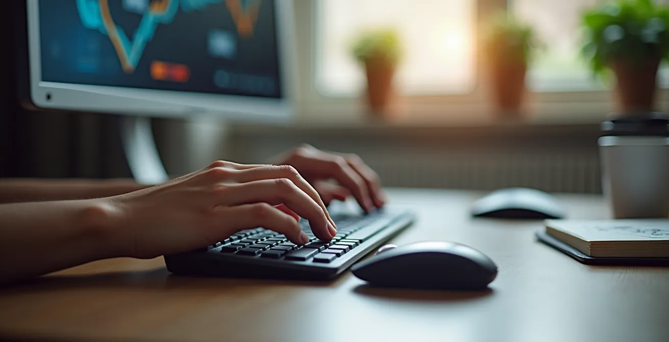 Gros plan sur un clavier ergonomique moderne avec indicateurs visuels de navigation, environnement de travail professionnel