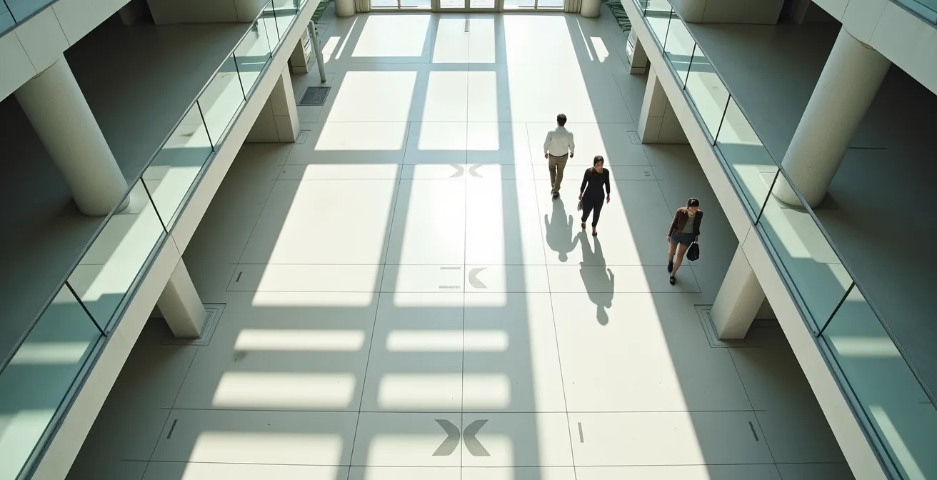 Vue aérienne d'un espace architectural moderne illustrant les parcours de navigation