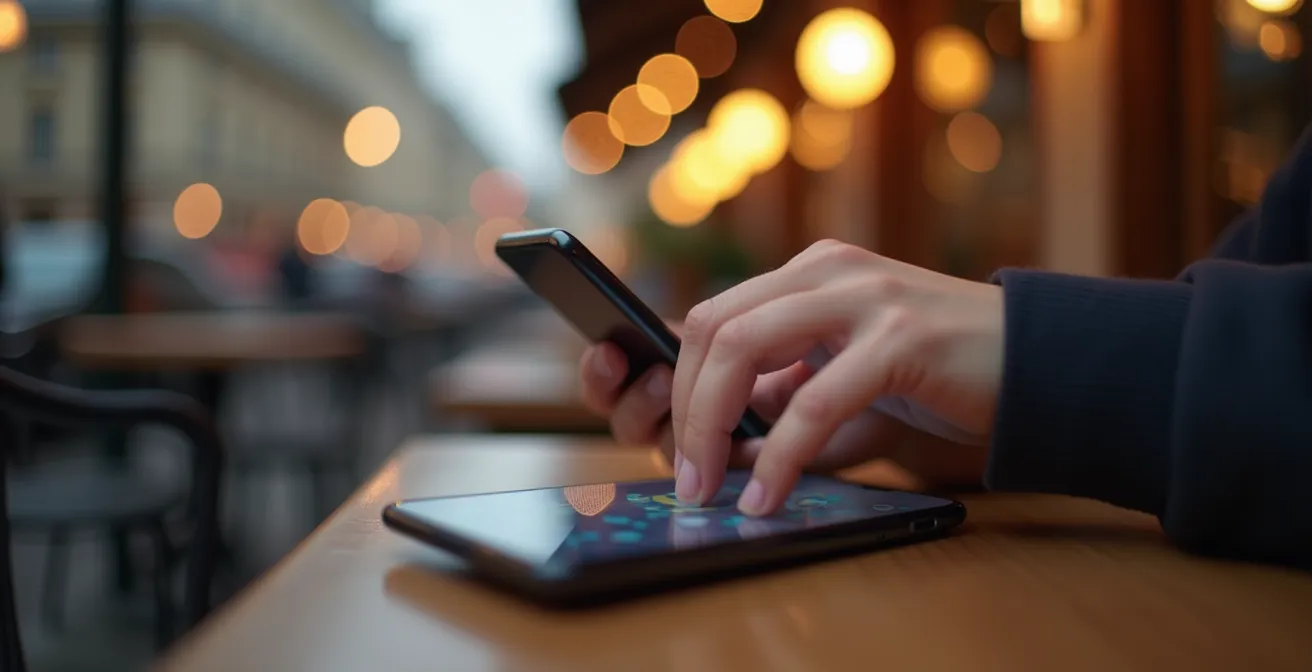 Mains tenant un smartphone dans un environnement de travail français moderne