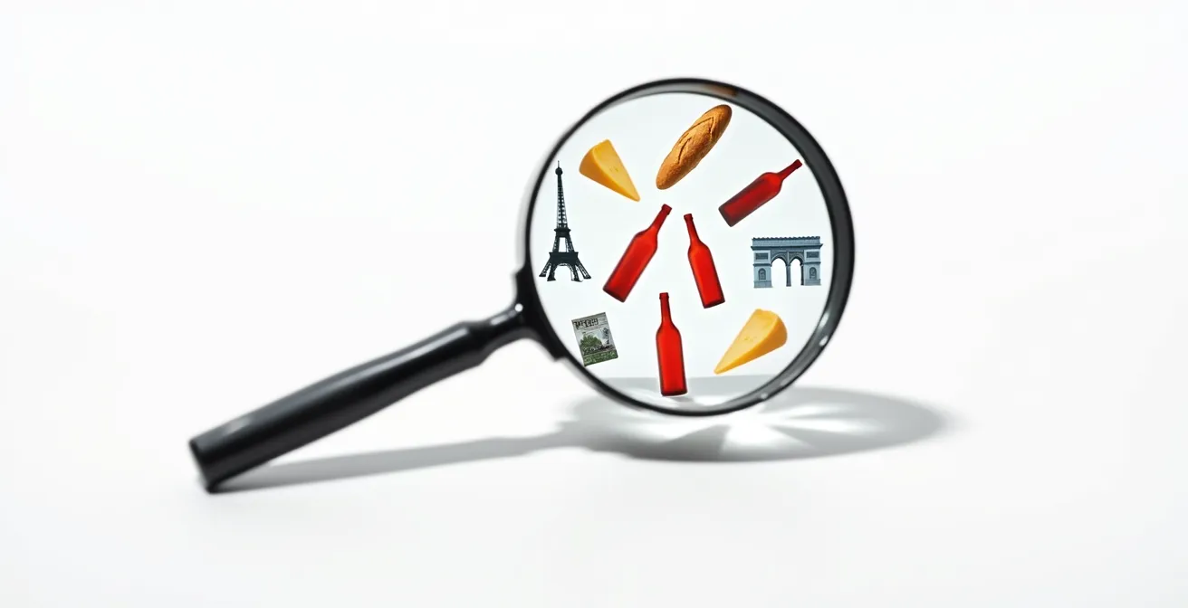 Composition minimaliste montrant une loupe géante sur un fond épuré avec des produits français flottants