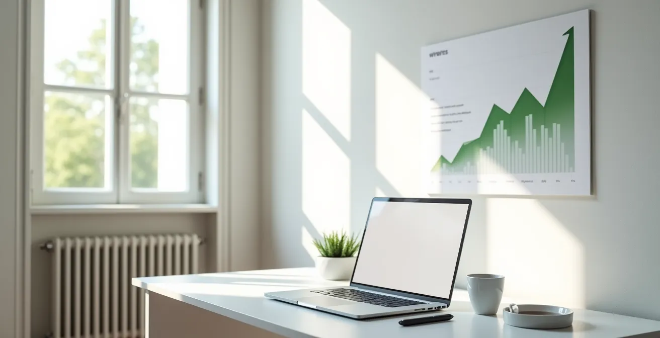 Espace de travail épuré avec ordinateur montrant des améliorations de performance