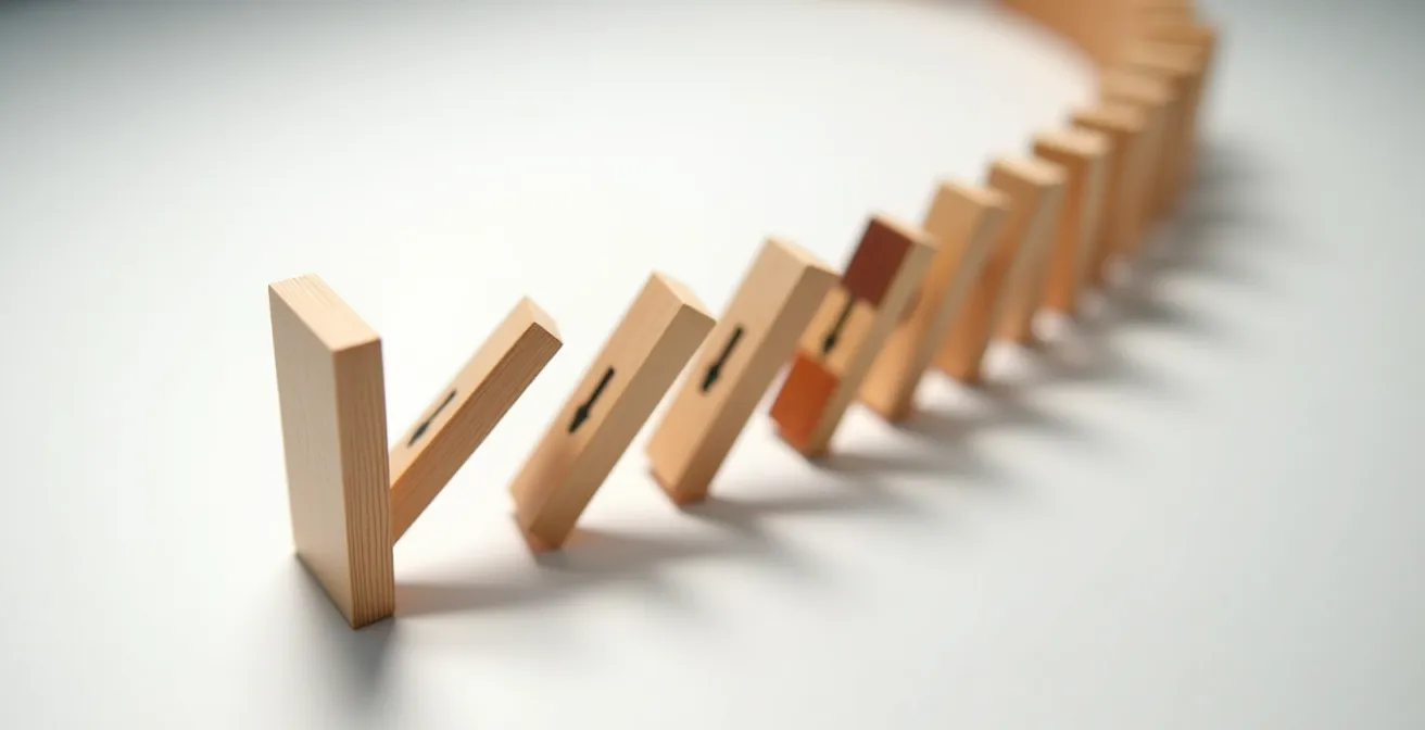 Représentation visuelle d'un parcours client avec plusieurs points de contact marketing symbolisés par des dominos.