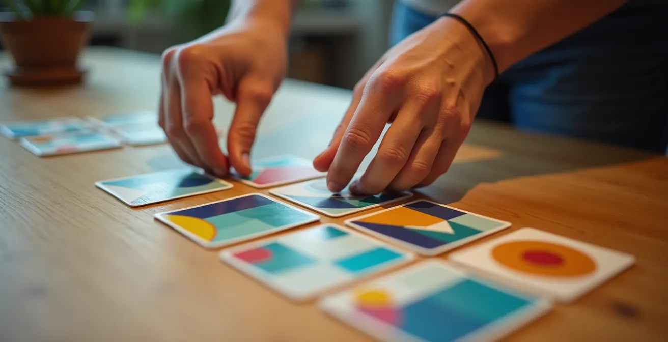 Mains disposant des cartes conceptuelles colorées sur une table en bois, créant un parcours visuel interconnecté