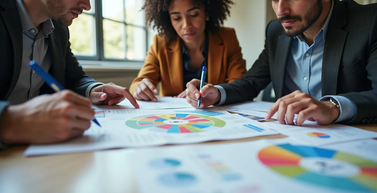 Professionnels analysant des données comportementales et des insights clients sur des tableaux interactifs