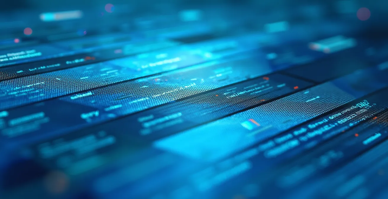 Gros plan sur un écran montrant des formes géométriques abstraites représentant la hiérarchie des résultats de recherche, avec mise au point sélective