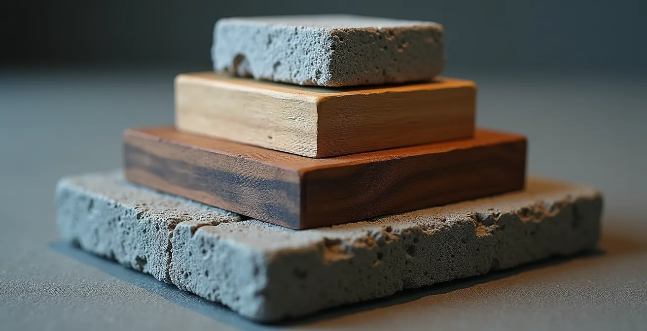 Pyramide conceptuelle des priorités SEO avec éléments physiques empilés